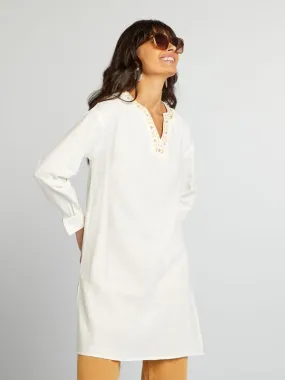 Blouse longue en lin avec col tunisien - Blanc