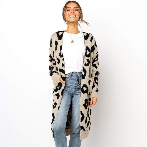 Cardigan long en tricot pour femme avec imprimé