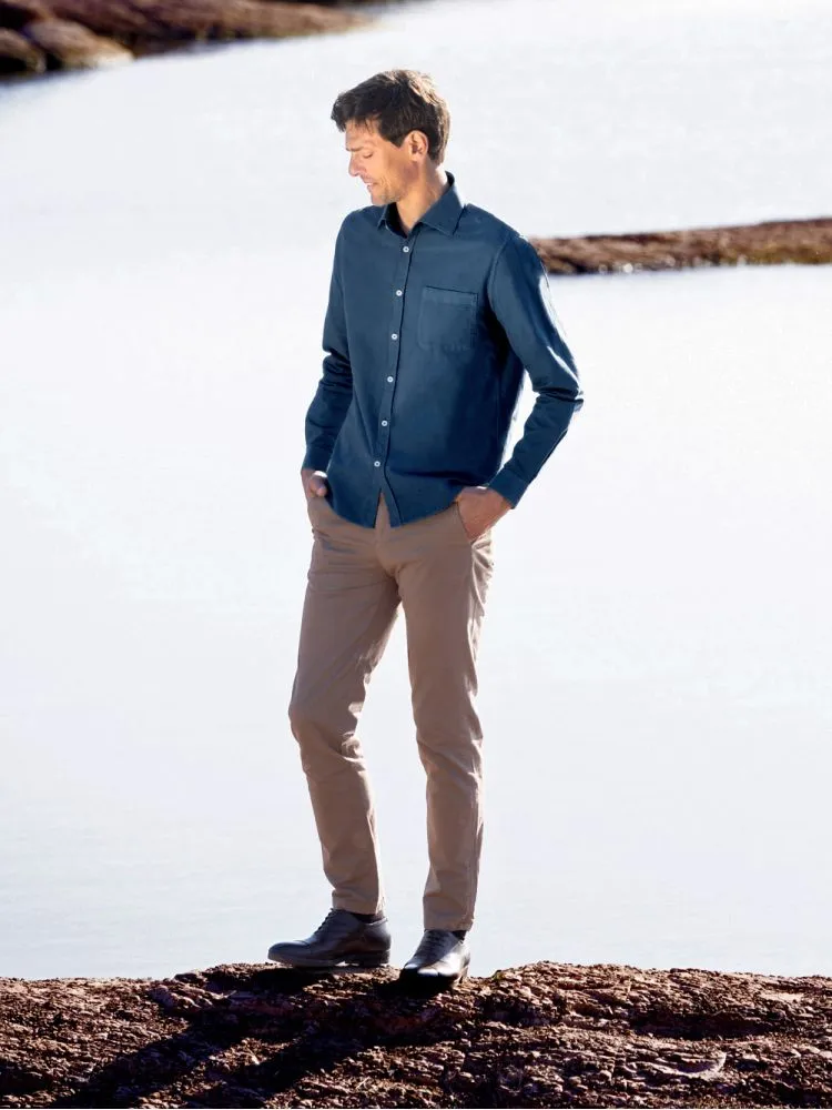 Chemise col italien en oxford bio bleu orage