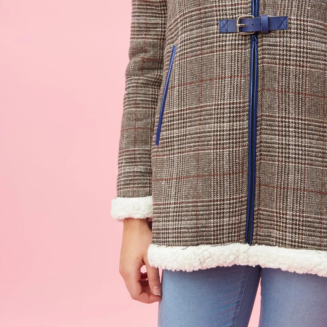 Manteau à carreaux zippé capuche et doublure fourrure femme - Carreaux Marron | 3 Suisses