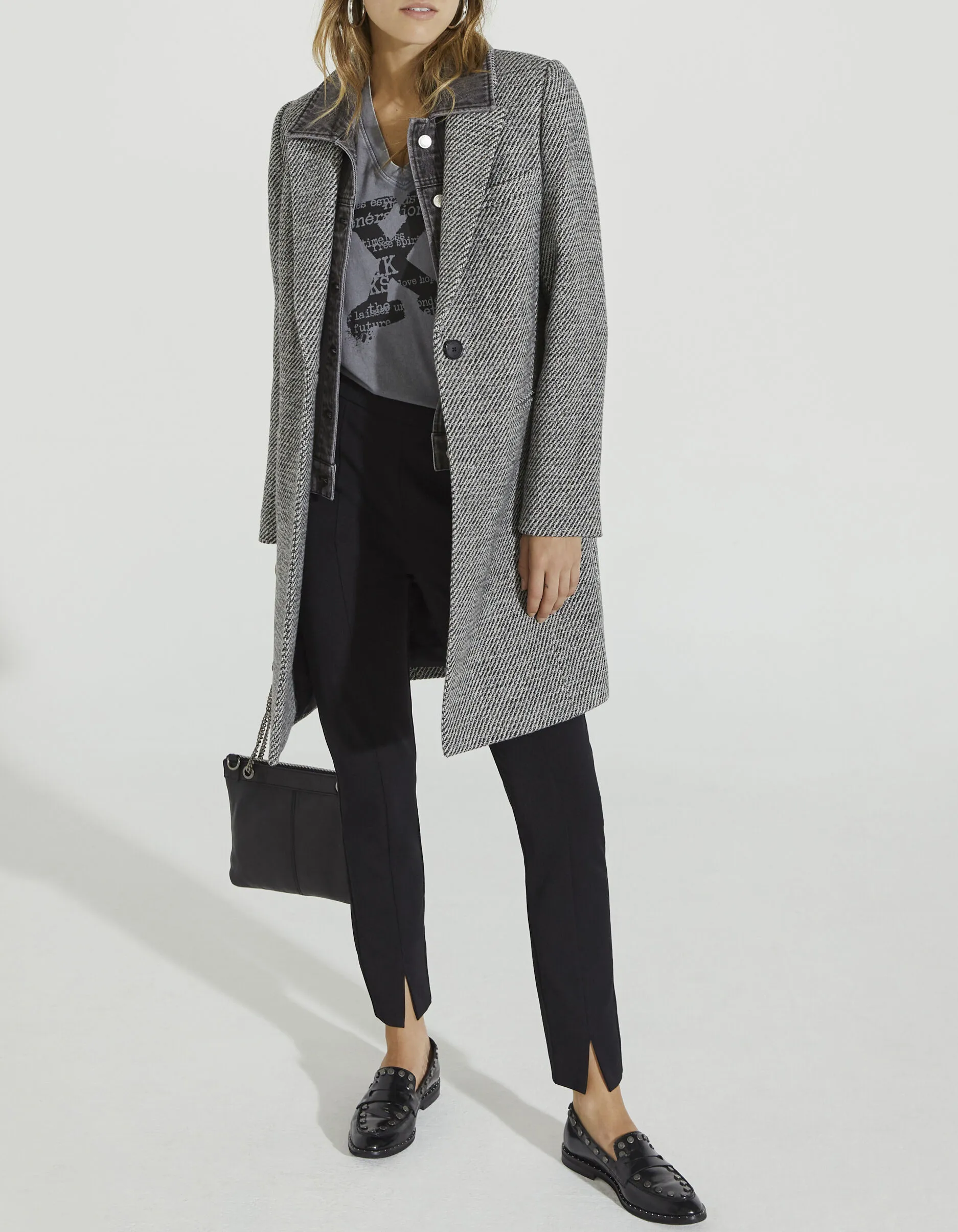 Manteau en mix laine gris et parmenture denim gris femme