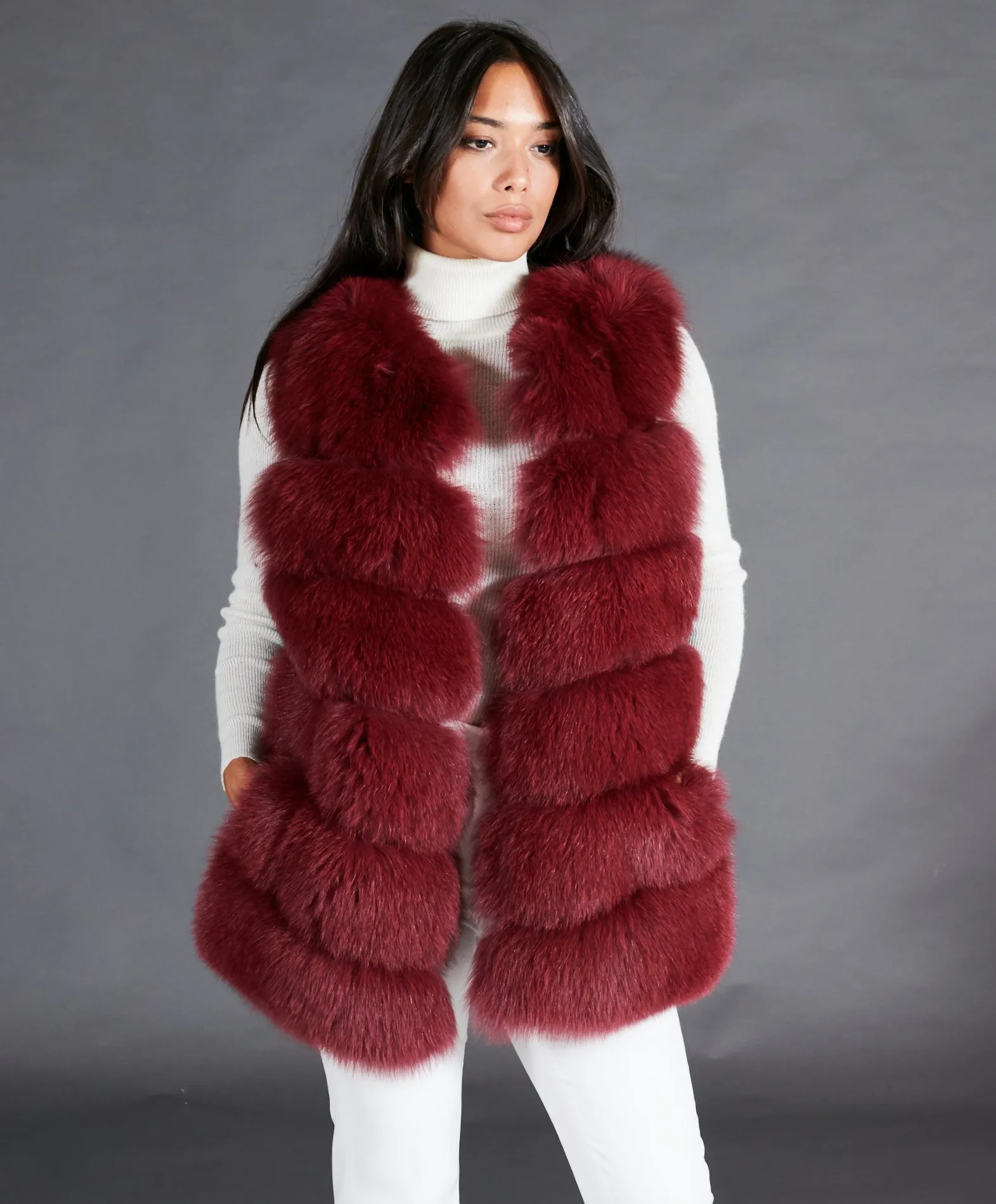 Manteau fourrure renard gilet renard bordeaux - Fourrure en ligne