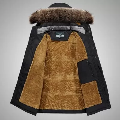 Manteau Hiver Matelassé pour Homme avec capuche à fourrure et poches larges côté
