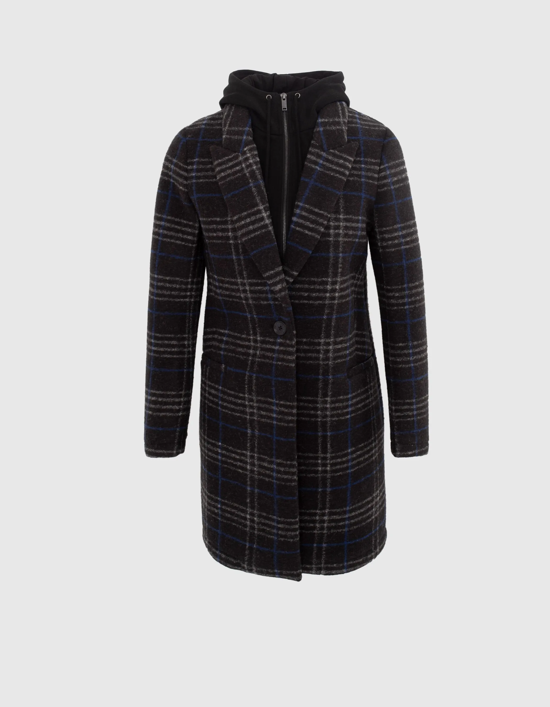 Manteau long à capuche gris à motif carreaux femme