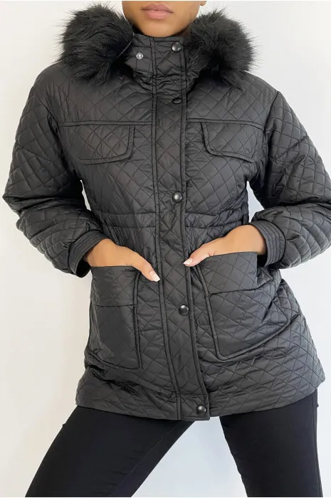 Manteau matelassé multi-poches noir à capuche