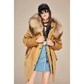 Manteau mi-long en velours côtelé pour femme capuche fourrure
