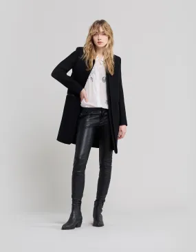 Manteau mi-long noir double col enduit femme