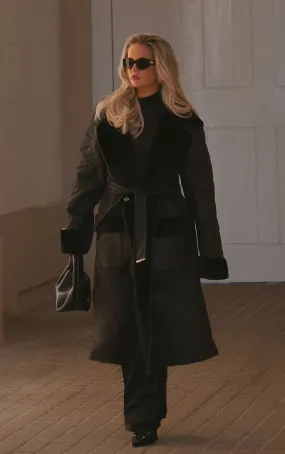 Manteau oversize noir en PU enduit à ceinture
