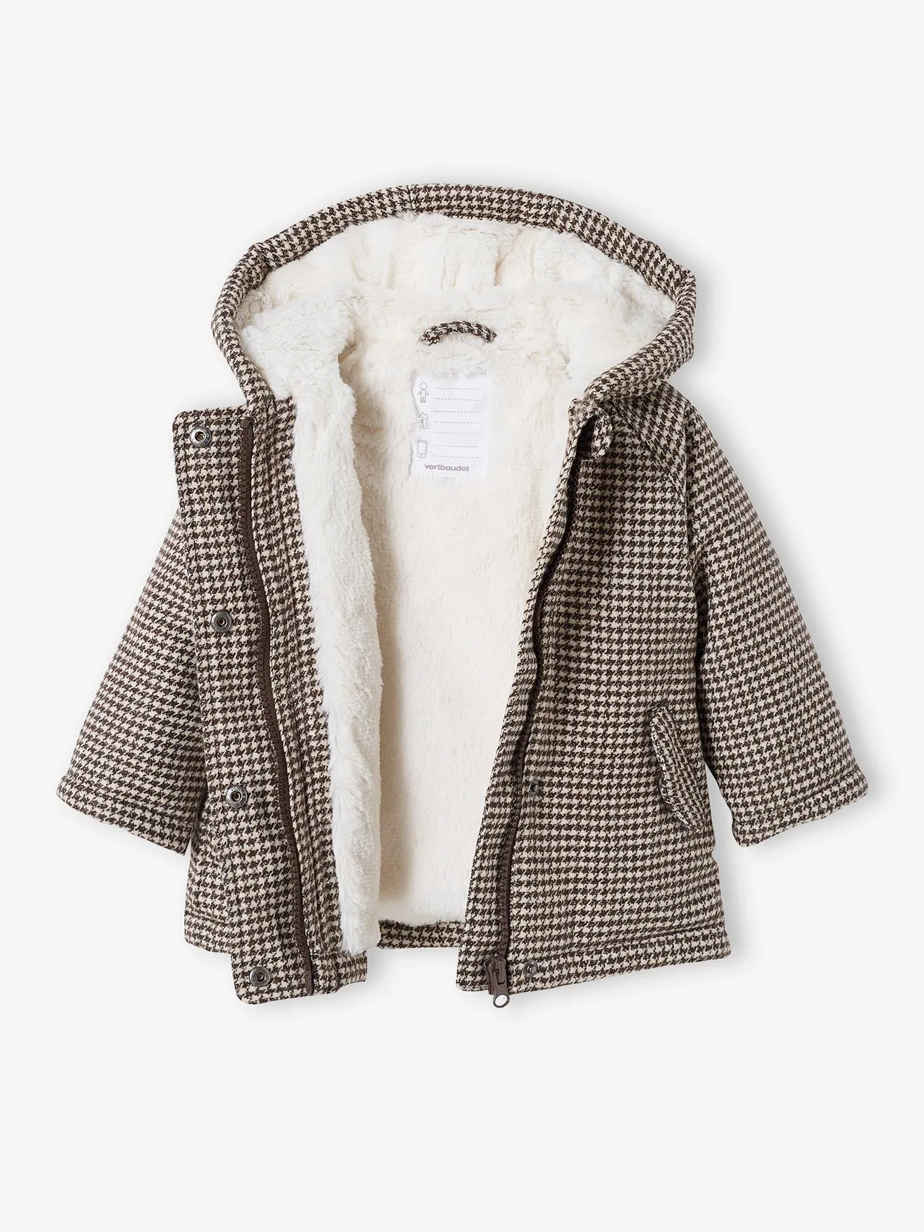 Manteau à capuche pied de puce bébé doublé imitation fourrure carreaux marron - Vertbaudet