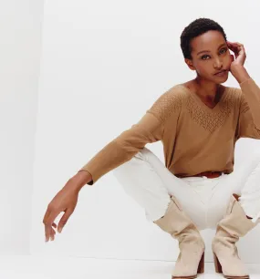 Pull ajouré col V Femme - Noisette clair