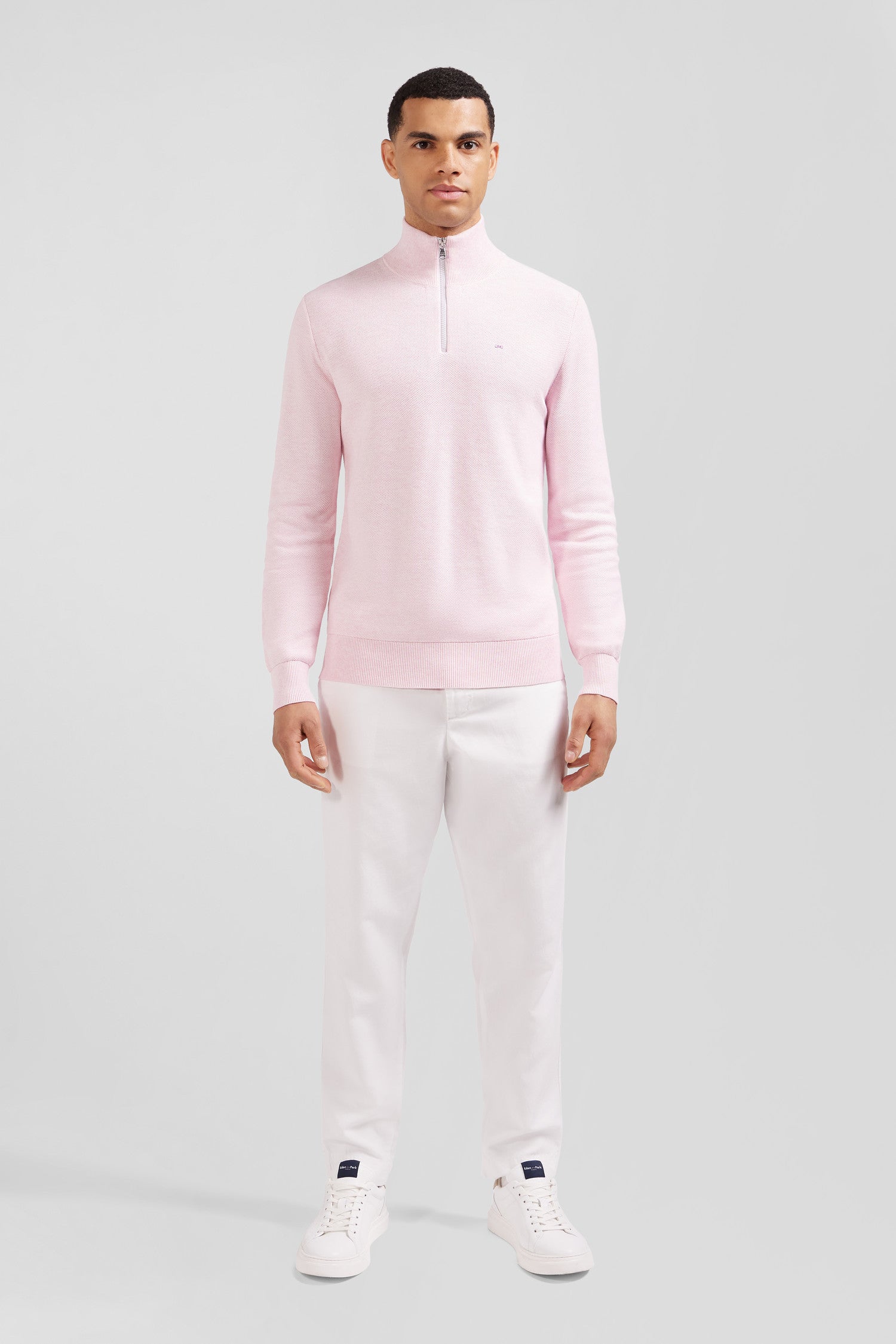Pull col camionneur zippé en coton rose