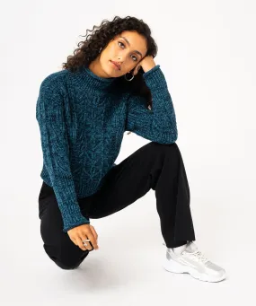 pull courte en grosse maille fantaisie femme bleu pulls