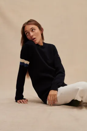 Pull crew neck marine avec bande bleue et blanche pour femme