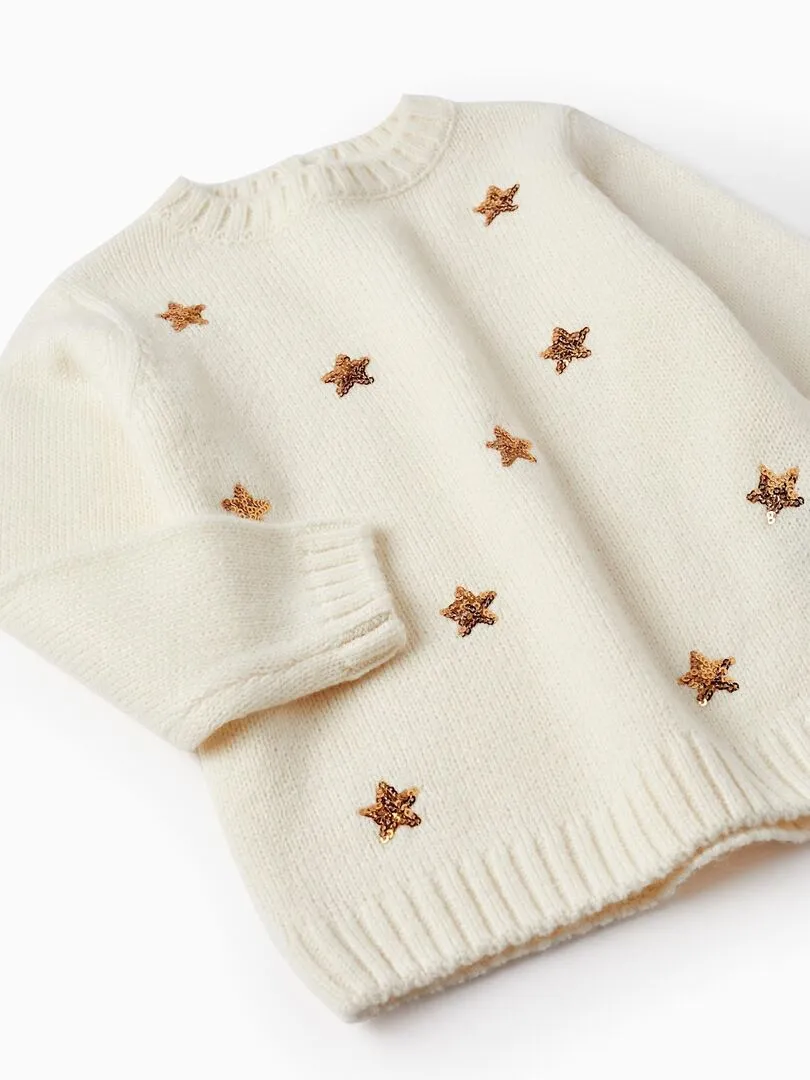 Pull en Maille pour Bébé Fille 'Étoiles - Noël'   NOËL - Beige clair