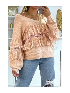 Pull femme col V  over size en rose avec volant en dentelle