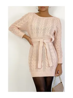 Pull tunique rose en grosse maille torsadée avec ceinture à nouer