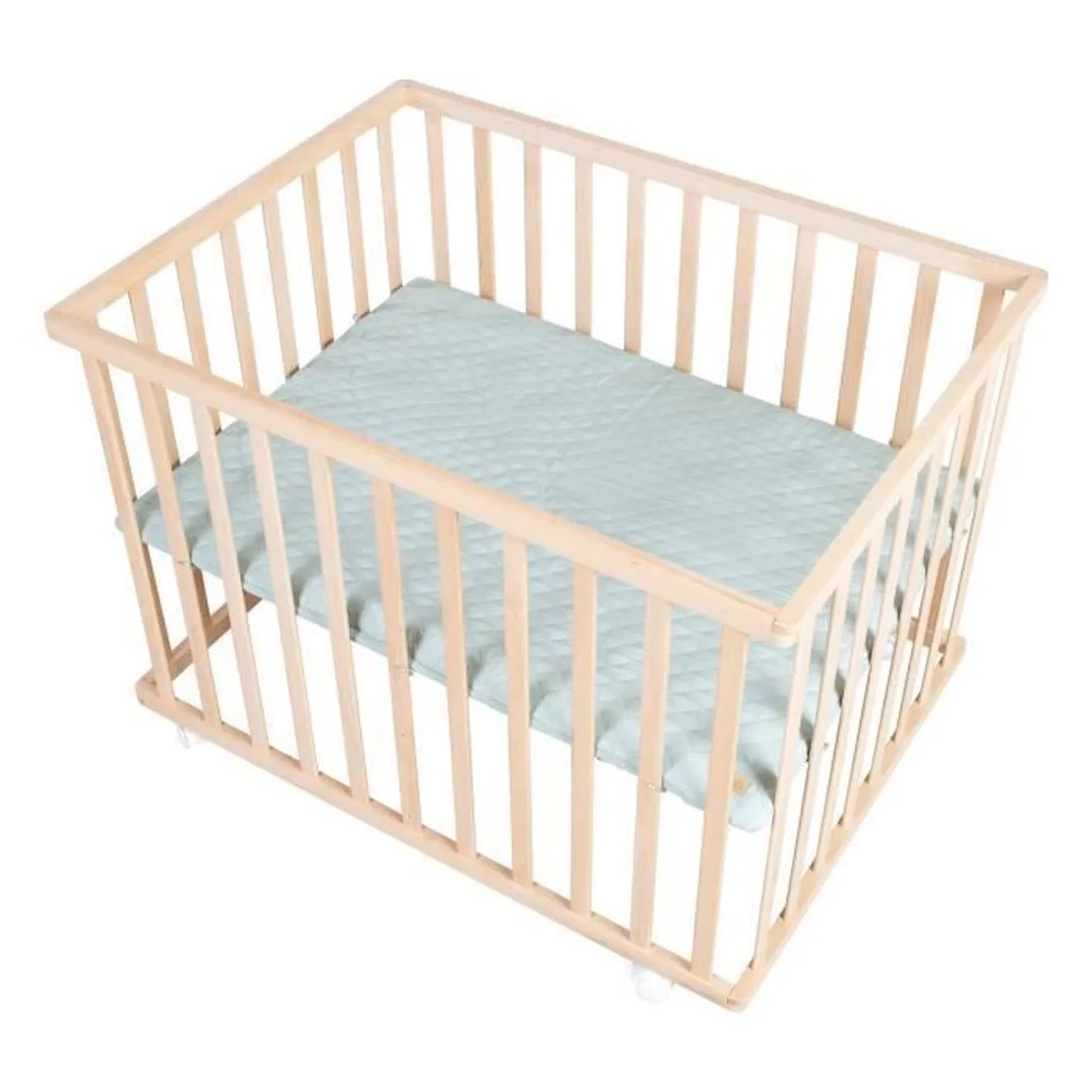 ROBA Parc Bébé 75 x 100 cm en Hêtre Massif Bio + Tapis Vert Givré + 4 Roulettes à Freins - Hauteur Réglable - Naturel beige - Ro