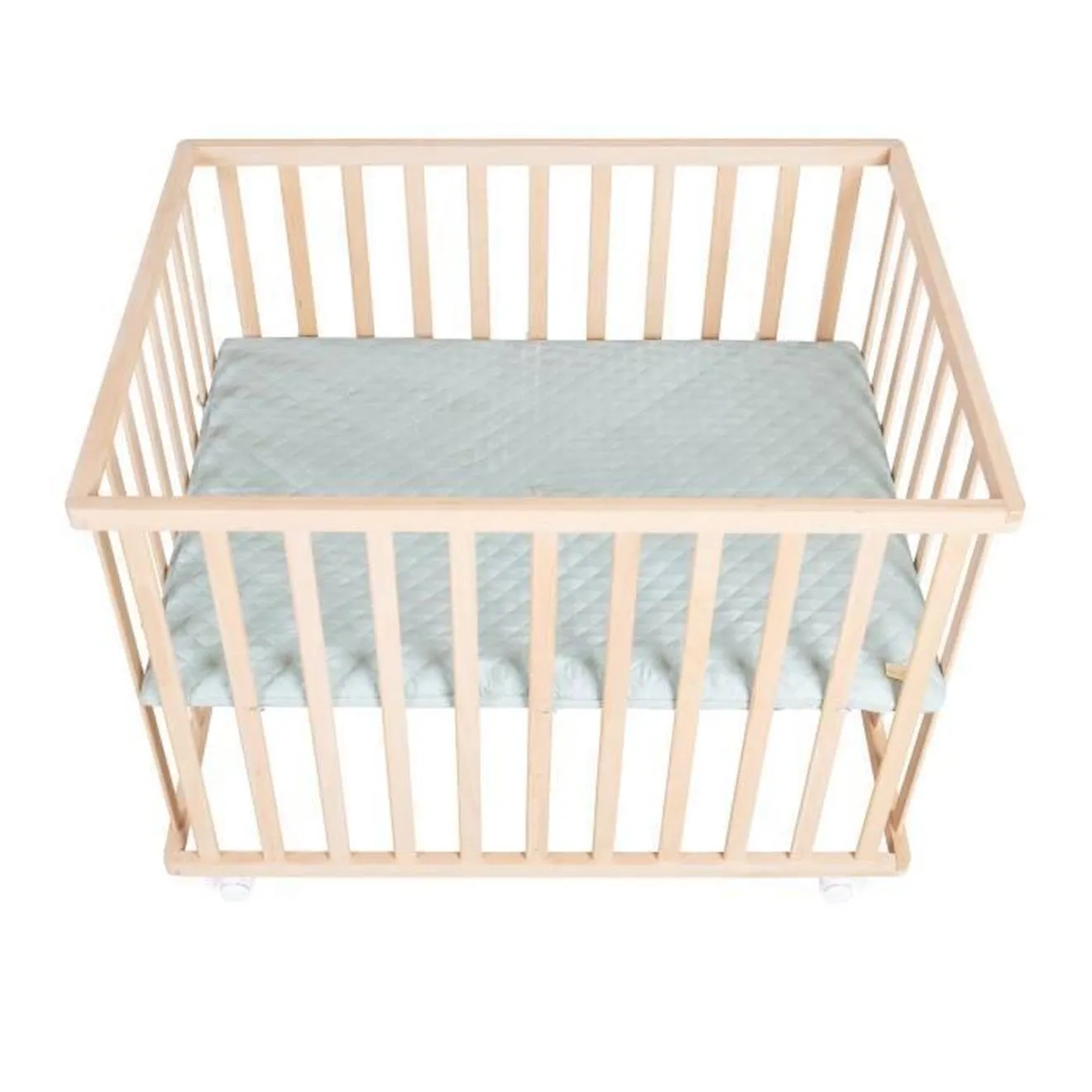 ROBA Parc Bébé 75 x 100 cm en Hêtre Massif Bio + Tapis Vert Givré + 4 Roulettes à Freins - Hauteur Réglable - Naturel beige - Ro