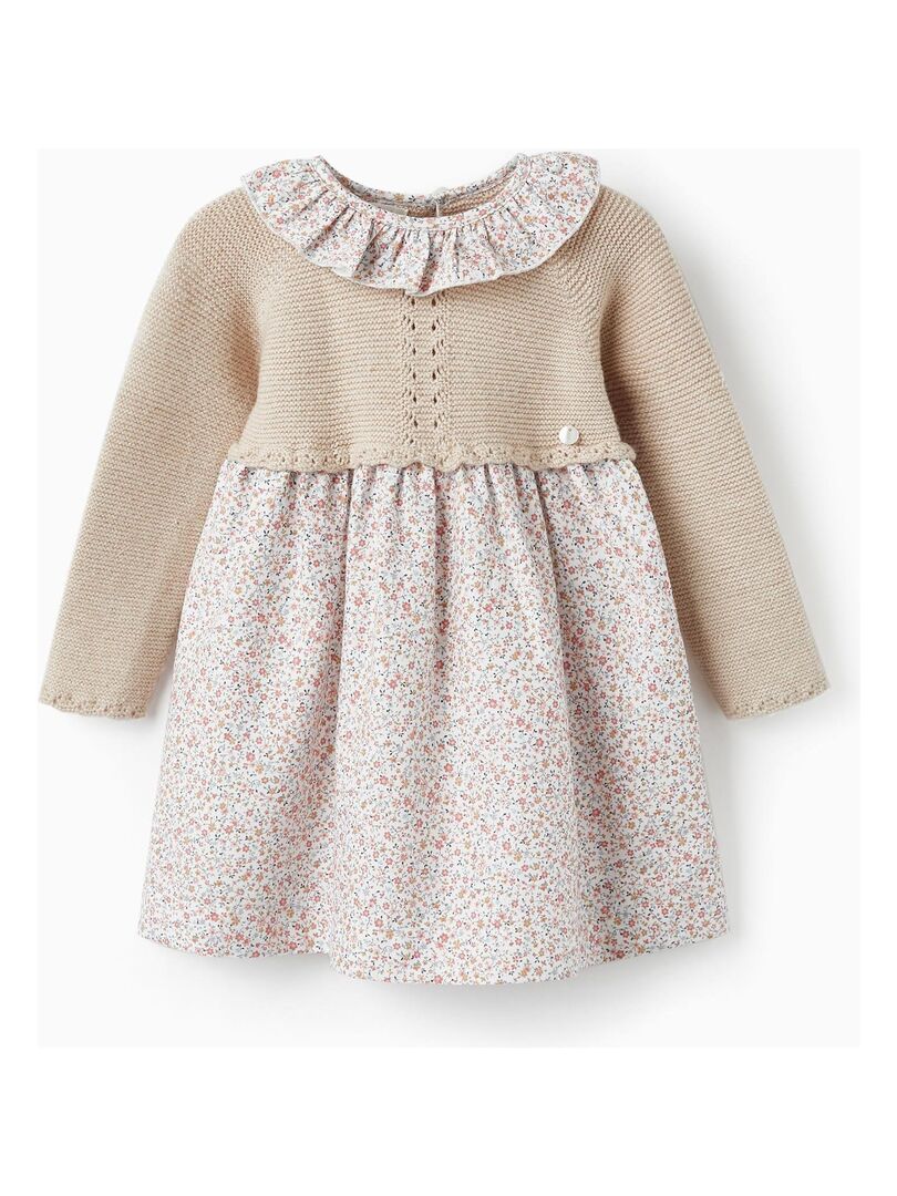 Robe Combinée en Maille et Coton pour Bébé Fille 'Floral' manches longues SPRING BEGINS - Beige clair
