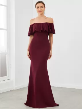 Robe de soirée sans bretelles moulante à volants