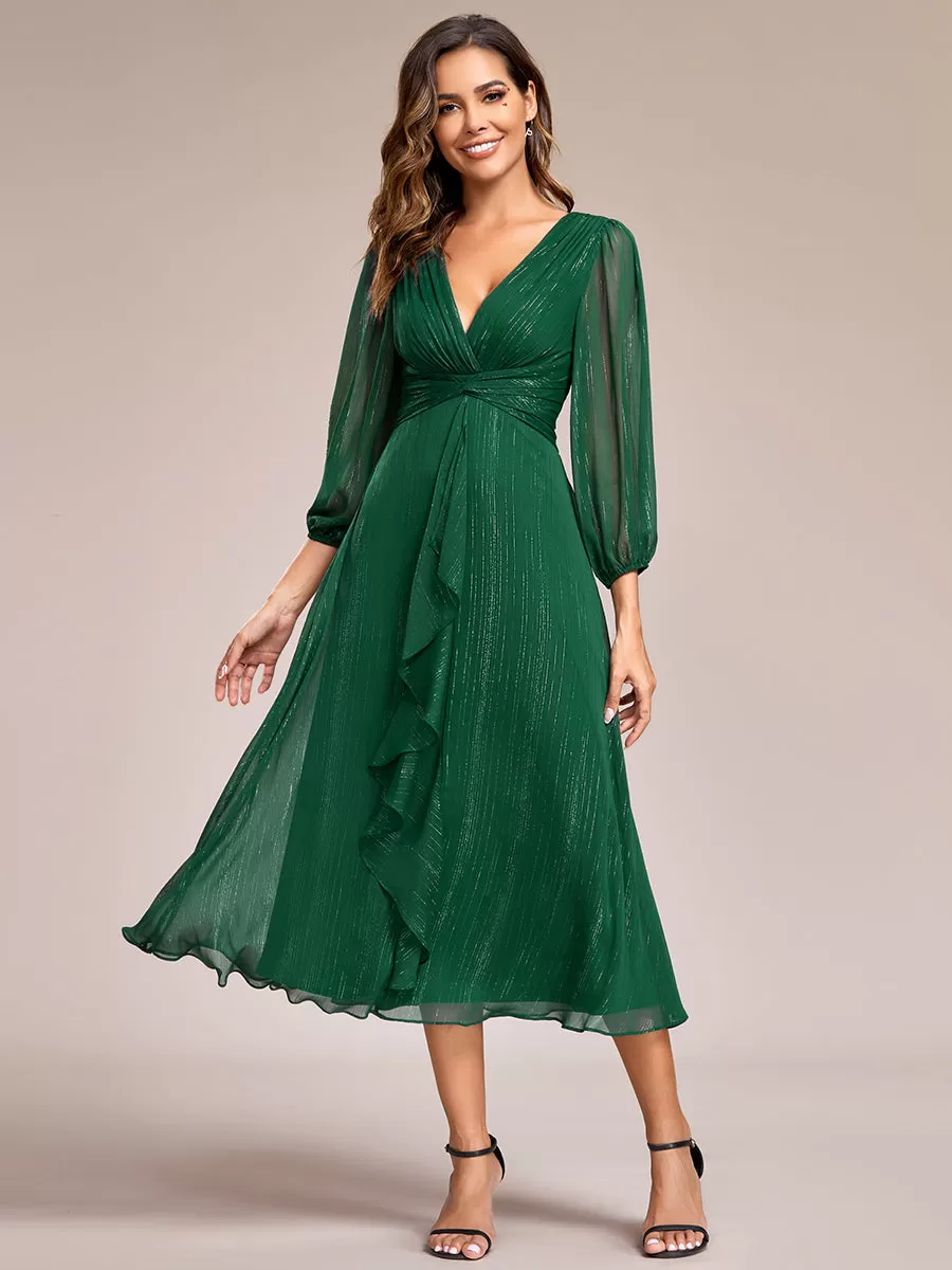 Robe de soirée trapèze scintillante à manches longues et col en V en mousseline de soie avec torsadé
