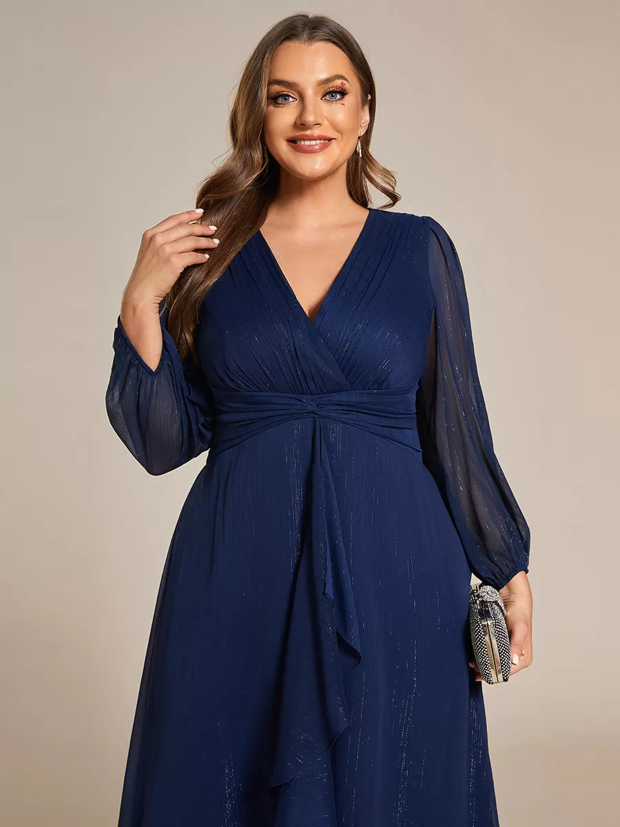 Robe de soirée trapèze scintillante à manches longues et col en V en mousseline de soie avec torsadé