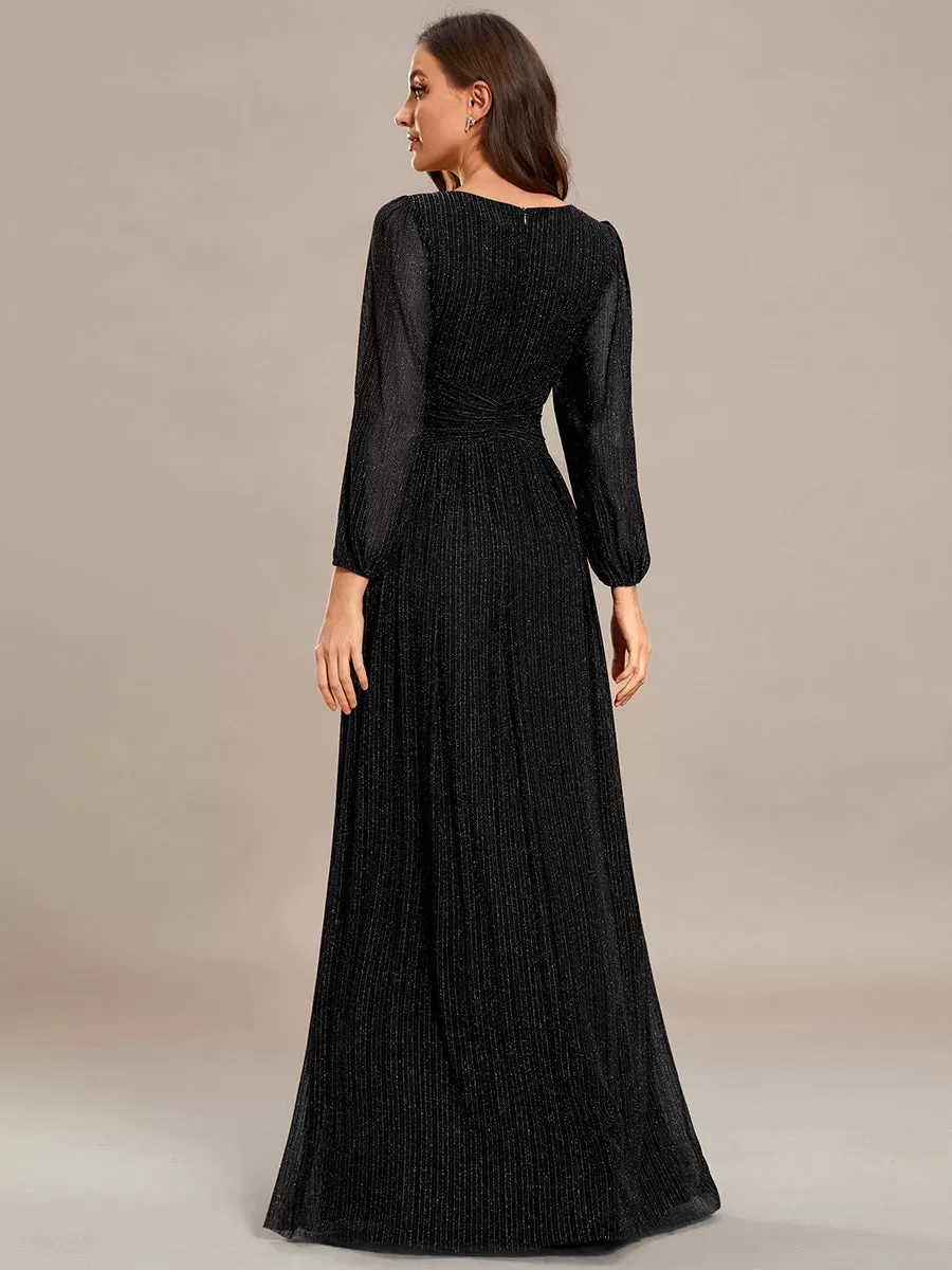 Robe de soirée trapèze à manches longues et taille empire scintillante