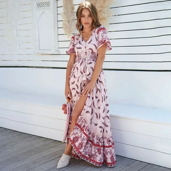 Robe Longue Rose Bohème Fleurie