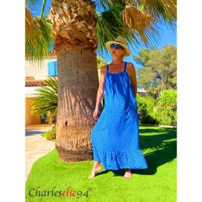 Robe longue à bretelles été VAHINE bleu royal