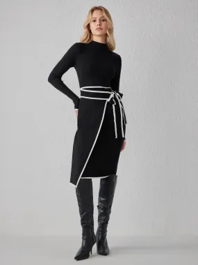  Robe Maxi Tricotée à Noeud Ceinturée à Col Roulé