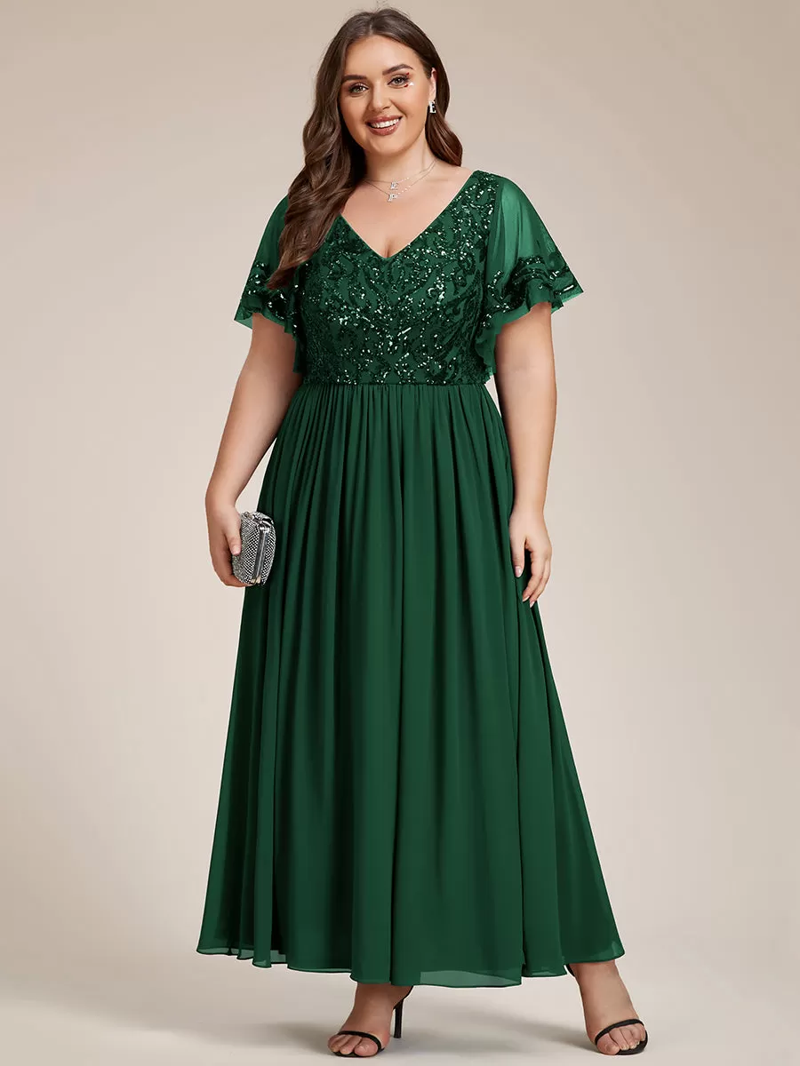 Robe Mère de la Mariée en mousseline à manches courtes et encolure en V