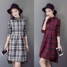 Robe à carreaux pour femme avec manches longues et col chemise