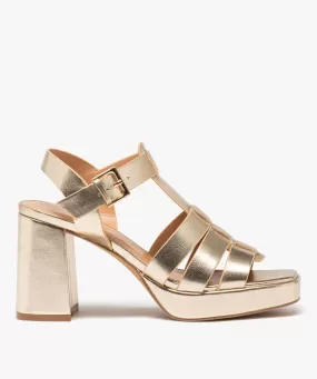 sandales a talon et brides larges metallisees jaune sandales a talon