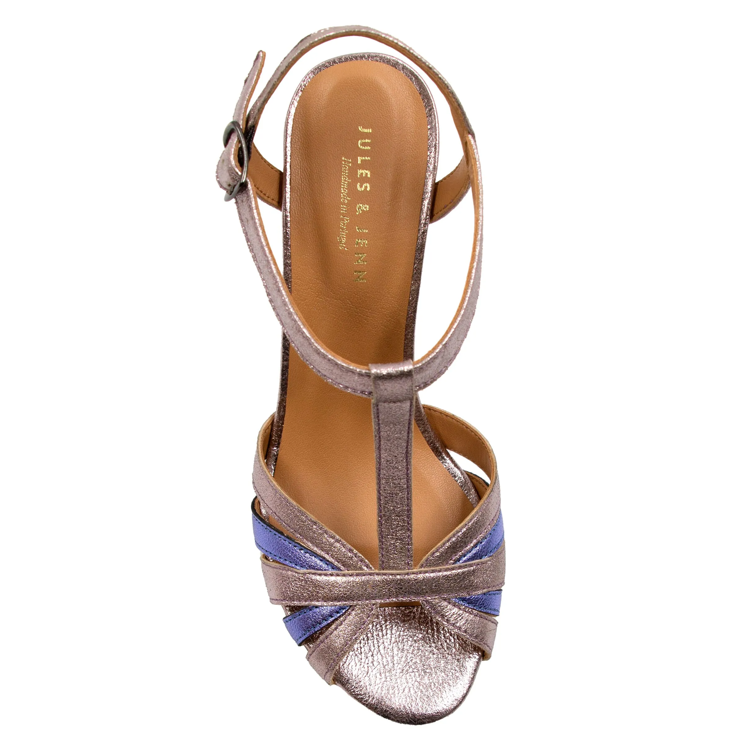 Sandales talon brides cuir argenté bleu
