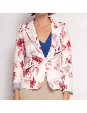 Veste blaser femme floral imprimé rose fleurs cérémonie tendance manches retroussées