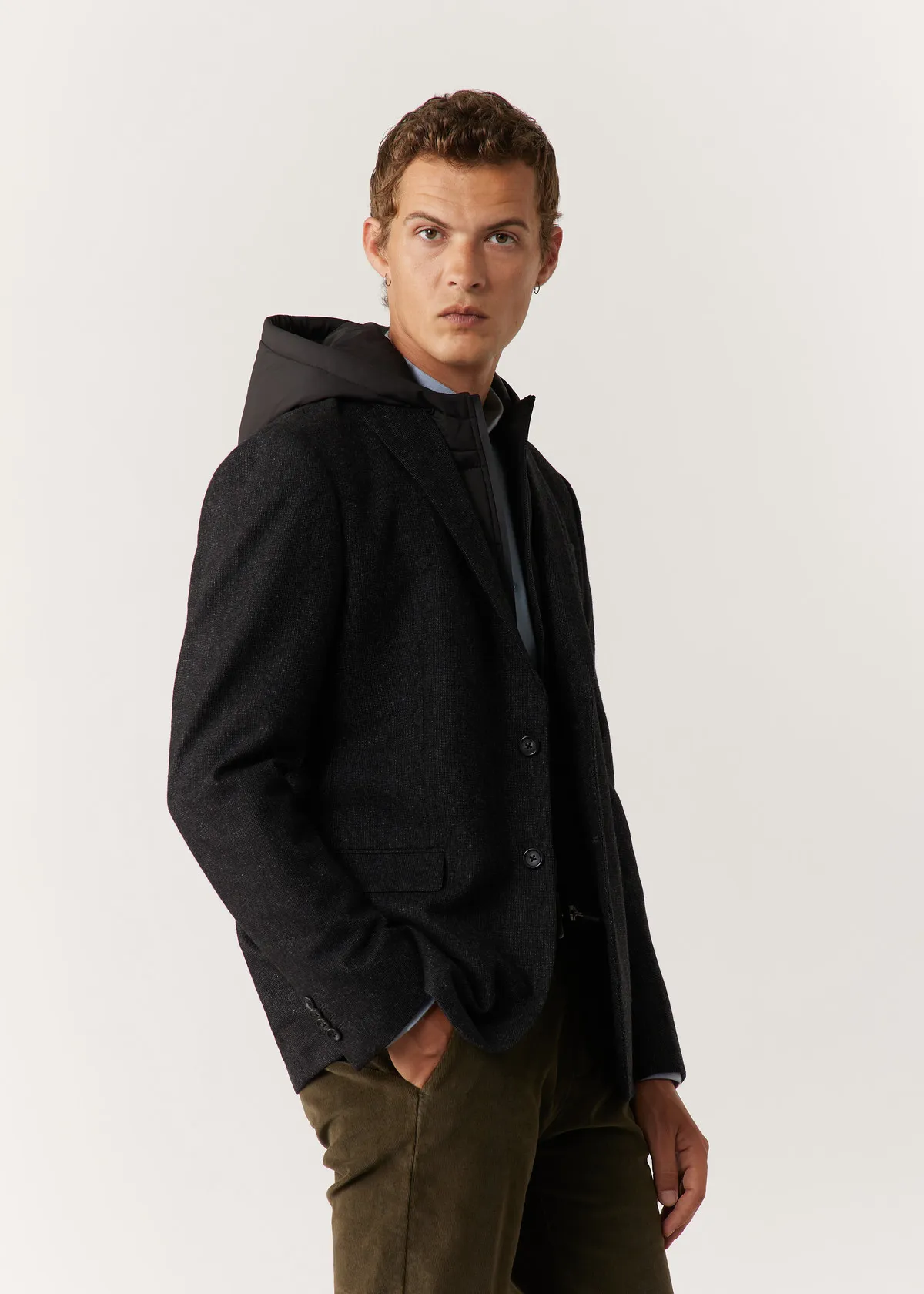 Veste casual Regular en laine mélangée unie anthracite à capuche amovible