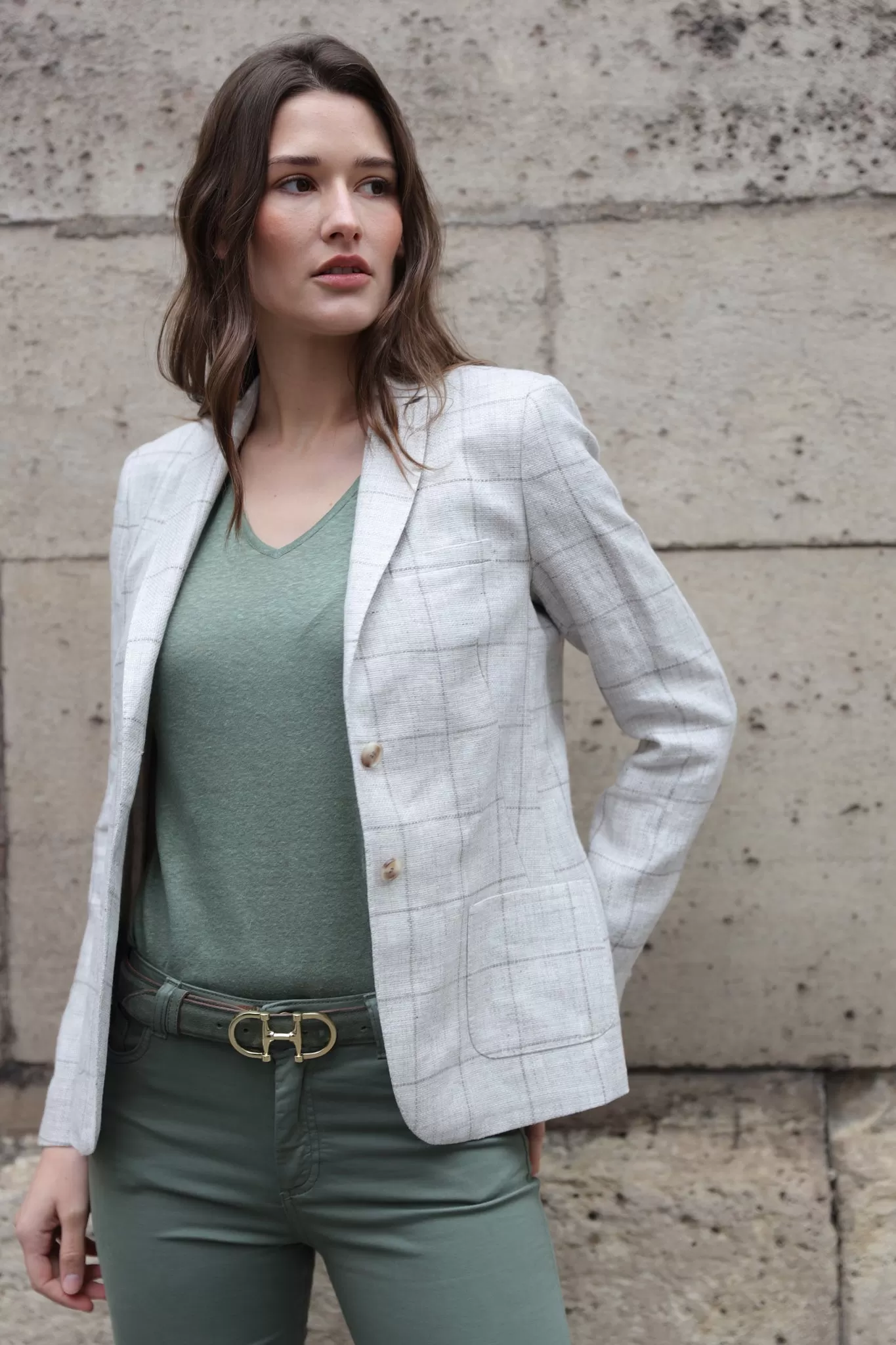 Veste Victoire à carreaux en lin - Beige