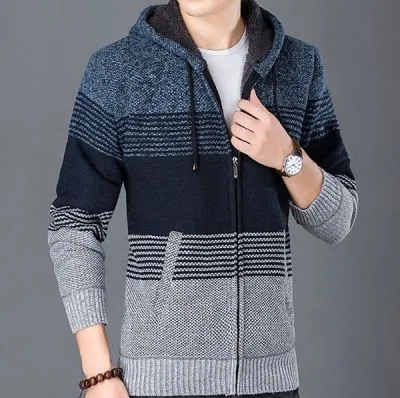 Veste à capuche homme avec fourrure intérieure motif rayures