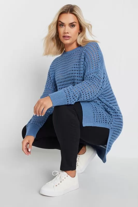 YOURS - Pull Bleu Manches Longues Design en Crochet