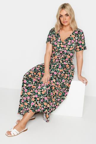 YOURS - Robe Noire Floral Rose & Orange Cache-Coeur
