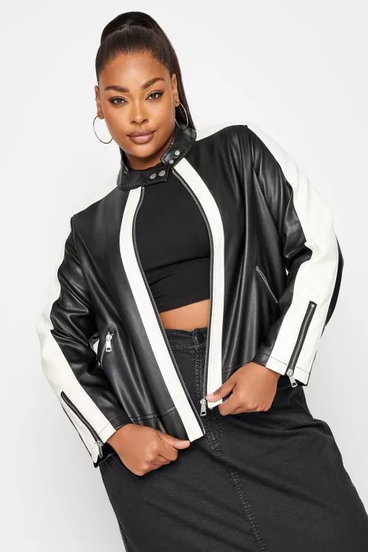 YOURS - Veste Biker Noire & Blanche Effet Cuir